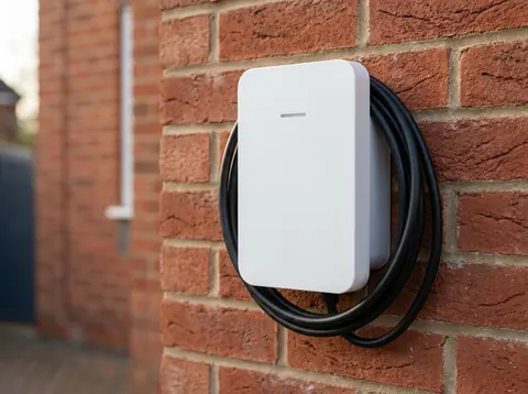 Witte laadpaal van 11 kW gemonteerd aan een bakstenen gevel