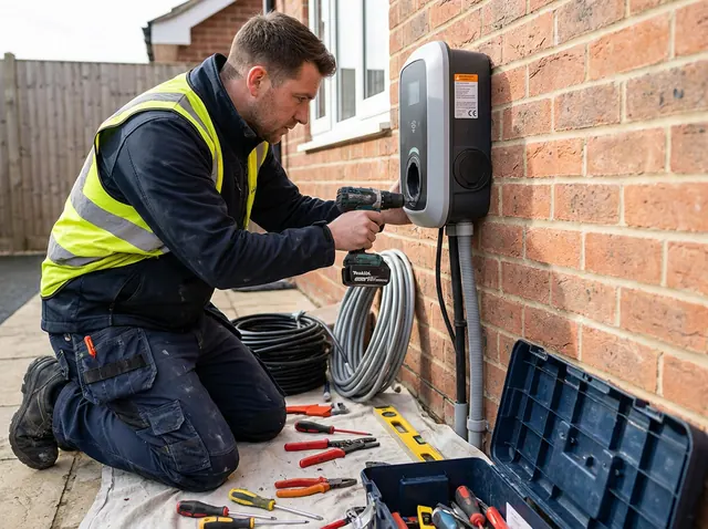 Erkend elektricien die een laadpaal monteert en aansluit aan een buitenmuur