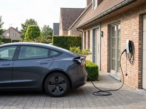 Elektrische wagen die oplaadt aan een laadpaal op een oprit