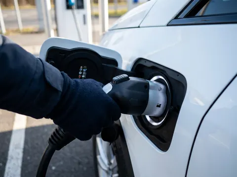 Laadstekker die in de laadpoort van een elektrische wagen wordt gestoken