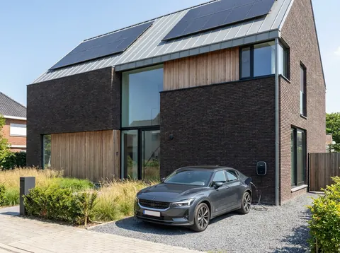 Moderne woning met zonnepanelen en een laadpaal voor de elektrische wagen